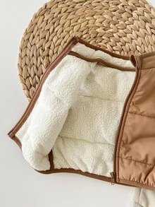 Newborn Baby Girl Cute Casual Knit Khaki Long Sleeve Sweatshirt, Pants And Fleece Winter Jacket Set Neutral - Khaki - View 3