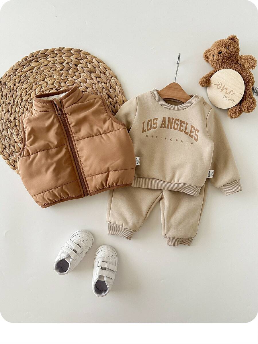 Newborn Baby Girl Cute Casual Knit Khaki Long Sleeve Sweatshirt, Pants And Fleece Winter Jacket Set Neutral - Khaki - View 1
