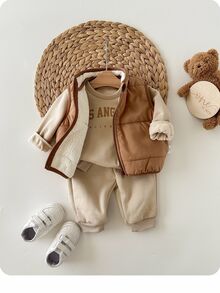 Newborn Baby Girl Cute Casual Knit Khaki Long Sleeve Sweatshirt, Pants And Fleece Winter Jacket Set Neutral - Khaki - View 8