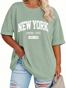 EMERY ROSE Plus Size Women's Casual NYC Letter Print Loose Mid-Length Round Neck Short Sleeve T-Shirt - Green - View 3