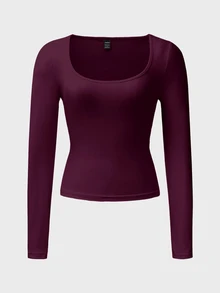 Chiquease Women Casual Scoop Neck Fitted Long Sleeve T-Shirt, Spring/Autumn For New Year - Red Violet - View 8