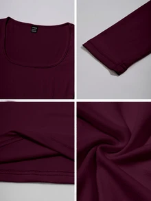 Chiquease Women Casual Scoop Neck Fitted Long Sleeve T-Shirt, Spring/Autumn For New Year - Red Violet - View 6