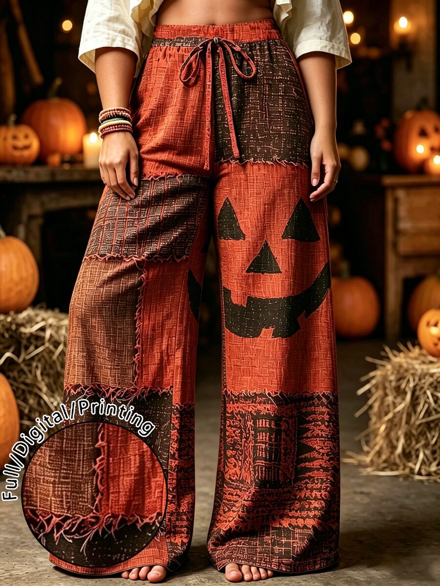 SHEIN LUNE 女款大尺碼休閒復古萬聖節南瓜幽靈臉印花寬腿褲,適合日常穿著與秋季外出 - 彩色 - 查看 1