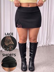 GalTyme Plus Size Sexy French Lace Patchwork Skort Fall - Black - View 3