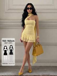 SHEIN PETITE Spring/Summer Women's Solid Pale Yellow Strapless Mini Dress With Flowing Ruffled Skirt, Dress, Club Night Out Night Sexy - Yellow - View 4