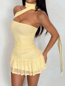 SHEIN PETITE Spring/Summer Women's Solid Pale Yellow Strapless Mini Dress With Flowing Ruffled Skirt, Dress, Club Night Out Night Sexy - Yellow - View 3