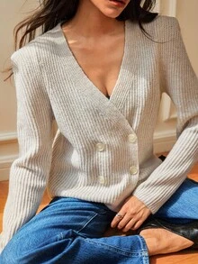 SHEIN Women's Autumn/Winter Fashion Elegant Solid Color Ribbed Knit V-Neck Cross Double-Breasted Waist-Cinching Slimming Short Cardigan, Suitable For Daily Outings, Parties And Other Occasions - Light Grey - View 6