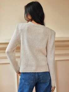 SHEIN Women's Autumn/Winter Fashion Elegant Solid Color Ribbed Knit V-Neck Cross Double-Breasted Waist-Cinching Slimming Short Cardigan, Suitable For Daily Outings, Parties And Other Occasions - Light Grey - View 3