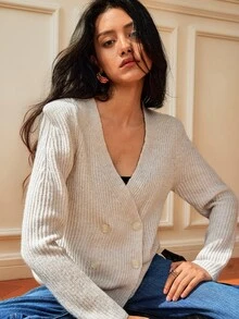 SHEIN Women's Autumn/Winter Fashion Elegant Solid Color Ribbed Knit V-Neck Cross Double-Breasted Waist-Cinching Slimming Short Cardigan, Suitable For Daily Outings, Parties And Other Occasions - Light Grey - View 2