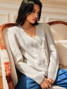 SHEIN Women's Autumn/Winter Fashion Elegant Solid Color Ribbed Knit V-Neck Cross Double-Breasted Waist-Cinching Slimming Short Cardigan, Suitable For Daily Outings, Parties And Other Occasions - Light Grey - View 7