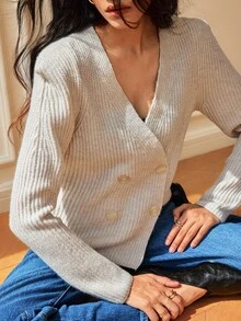 SHEIN Women's Autumn/Winter Fashion Elegant Solid Color Ribbed Knit V-Neck Cross Double-Breasted Waist-Cinching Slimming Short Cardigan, Suitable For Daily Outings, Parties And Other Occasions - Light Grey - View 4