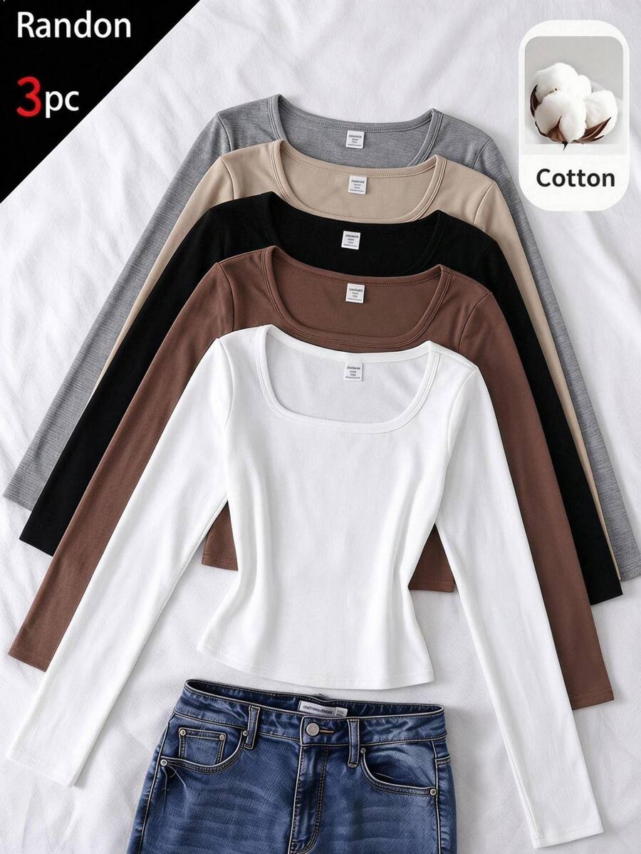 SHEIN Tween Girl Tween Girl Autumn/Winter New Casual Minimalist Comfortable Knit Fleece Solid Color Square Neck Long Sleeve T-Shirt Random 3pcs/Set - Multicolor - View 1