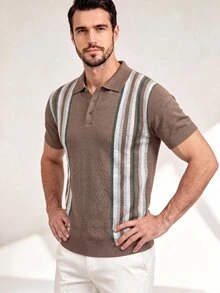 Neovey Brown Striped Retro Casual 80s Striped Knit Polo, Spring Summer, Business Casual, Daily Commute, Vacation Dating Top Vacation - Multicolor - View 6
