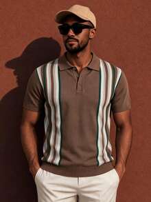 Neovey Brown Striped Retro Casual 80s Striped Knit Polo, Spring Summer, Business Casual, Daily Commute, Vacation Dating Top Vacation - Multicolor - View 1