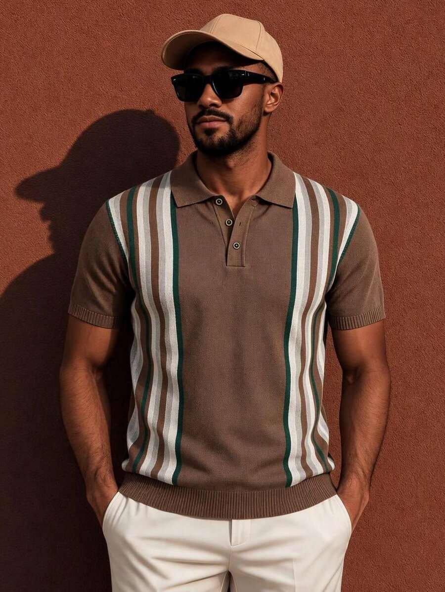 Neovey Brown Striped Retro Casual 80s Striped Knit Polo, Spring Summer, Business Casual, Daily Commute, Vacation Dating Top Vacation - Multicolor - View 1