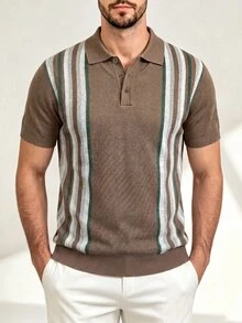 Neovey Brown Striped Retro Casual 80s Striped Knit Polo, Spring Summer, Business Casual, Daily Commute, Vacation Dating Top Vacation - Multicolor - View 7