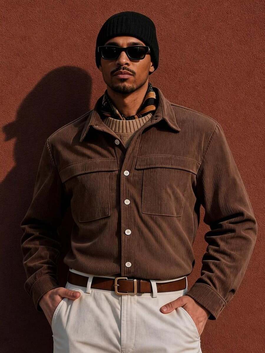 Neovey Men's Casual Solid Color Button Front Long Sleeve Jacket, Autumn - Brown - View 1