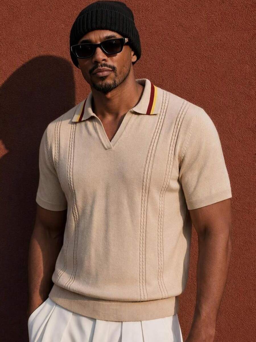 Neovey Men's Apricot Knitted Short Sleeve Polo Sweater Regular Fit Rib Knit Tennis Golf Style Top - Apricot - View 1