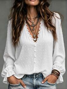 Pariaura Swiss Dot Guipure Lace Trim Flounce Sleeve Blouse,Long Sleeve Tops Fall Cloth For Women - White - View 8
