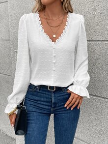 Pariaura Swiss Dot Guipure Lace Trim Flounce Sleeve Blouse,Long Sleeve Tops Fall Cloth For Women - White - View 5