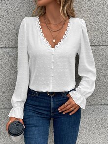 Pariaura Swiss Dot Guipure Lace Trim Flounce Sleeve Blouse,Long Sleeve Tops Fall Cloth For Women - White - View 4