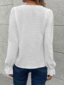 Pariaura Swiss Dot Guipure Lace Trim Flounce Sleeve Blouse,Long Sleeve Tops Fall Cloth For Women - White - View 2