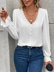 Pariaura Swiss Dot Guipure Lace Trim Flounce Sleeve Blouse,Long Sleeve Tops Fall Cloth For Women - White - View 3