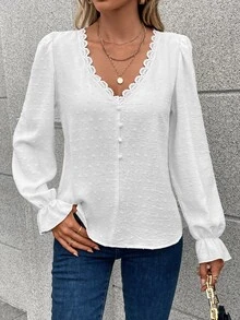 Pariaura Swiss Dot Guipure Lace Trim Flounce Sleeve Blouse,Long Sleeve Tops Fall Cloth For Women - White - View 6