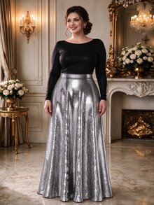 DreamSkyne Plus Size Women's Vintage Metallic Foil Print Flowy A-Line High Waist Maxi Skirt,Silver,Autumn,70's,Party,Rave,Commuting Silver Skirt For Women - Silver - View 1