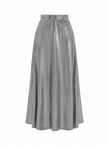 DreamSkyne Plus Size Women's Vintage Metallic Foil Print Flowy A-Line High Waist Maxi Skirt,Silver,Autumn,70's,Party,Rave,Commuting Silver Skirt For Women - Silver - View 4