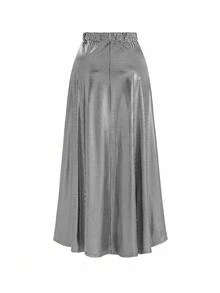DreamSkyne Plus Size Women's Vintage Metallic Foil Print Flowy A-Line High Waist Maxi Skirt,Silver,Autumn,70's,Party,Rave,Commuting Silver Skirt For Women - Silver - View 3