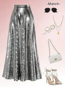 DreamSkyne Plus Size Women's Vintage Metallic Foil Print Flowy A-Line High Waist Maxi Skirt,Silver,Autumn,70's,Party,Rave,Commuting Silver Skirt For Women - Silver - View 2