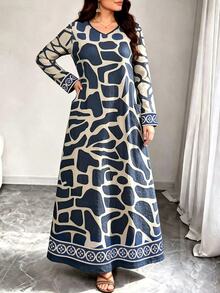 Seusyu Women's Retro Striped Digital Print Casual Round Neck Long Sleeve Pocketed Maxi Dress, Fashionable & Elegant Fall - Multicolor - View 6