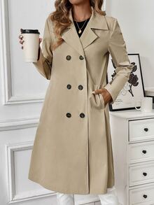 Pariaura Mantel Trench Wanita Model H-Line Warna Polos Lengan Panjang Sedang untuk Musim Gugur dan Musim Dingin - Aprikot - View 4