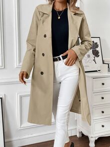 Pariaura Mantel Trench Wanita Model H-Line Warna Polos Lengan Panjang Sedang untuk Musim Gugur dan Musim Dingin - Aprikot - View 5