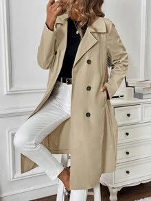 Pariaura Mantel Trench Wanita Model H-Line Warna Polos Lengan Panjang Sedang untuk Musim Gugur dan Musim Dingin - Aprikot - View 8