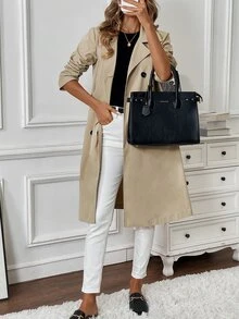 Pariaura Mantel Trench Wanita Model H-Line Warna Polos Lengan Panjang Sedang untuk Musim Gugur dan Musim Dingin - Aprikot - View 7