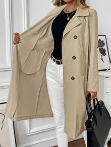 Pariaura Mantel Trench Wanita Model H-Line Warna Polos Lengan Panjang Sedang untuk Musim Gugur dan Musim Dingin - Aprikot - View 9