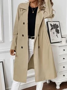 Pariaura Mantel Trench Wanita Model H-Line Warna Polos Lengan Panjang Sedang untuk Musim Gugur dan Musim Dingin - Aprikot - View 6