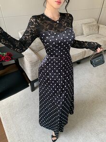 Feyla Women's Contrast Lace Round Neck Long Sleeve Polka Dot Print Elegant Midi Dress - Black - View 6