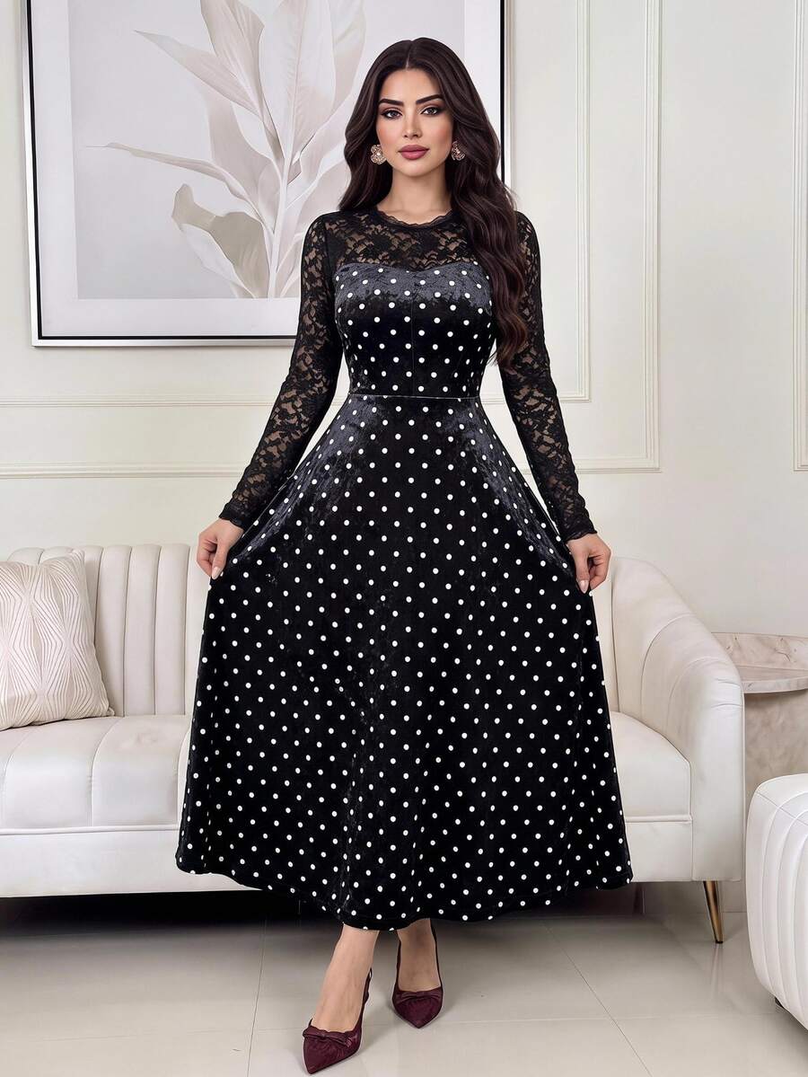 Feyla Women's Contrast Lace Round Neck Long Sleeve Polka Dot Print Elegant Midi Dress - Black - View 1