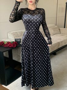 Feyla Women's Contrast Lace Round Neck Long Sleeve Polka Dot Print Elegant Midi Dress - Black - View 5