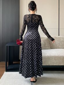 Feyla Women's Contrast Lace Round Neck Long Sleeve Polka Dot Print Elegant Midi Dress - Black - View 2