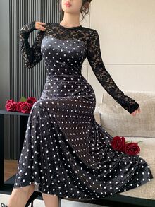 Feyla Women's Contrast Lace Round Neck Long Sleeve Polka Dot Print Elegant Midi Dress - Black - View 3