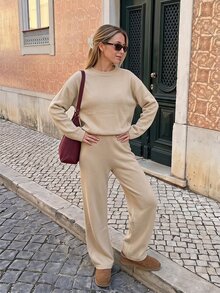 Pariaura 2pcs Crewneck Fluffy Casual Loose Knitted Wide-Leg Pants Sweater Set, Fashion Autumn/ Lounge Beige - Apricot - View 1