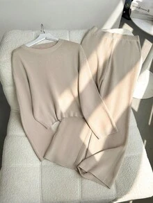 Pariaura 2pcs Crewneck Fluffy Casual Loose Knitted Wide-Leg Pants Sweater Set, Fashion Autumn/ Lounge Beige - Apricot - View 2