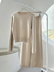 Pariaura 2pcs Crewneck Fluffy Casual Loose Knitted Wide-Leg Pants Sweater Set, Fashion Autumn/ Lounge Beige - Apricot - View 3