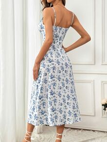 Pariaura Flower Allover Print Spaghetti Strap Dress With Front Tie, Back Zipper And Pleats Detail, Maxi Length, Perfect For Casual Holidays - White - View 2