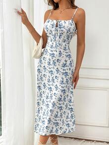 Pariaura Flower Allover Print Spaghetti Strap Dress With Front Tie, Back Zipper And Pleats Detail, Maxi Length, Perfect For Casual Holidays - White - View 7
