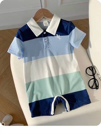 Baby Boy Navy Blue Summer Casual Family Matching Cute Knit Striped Short-Sleeve Romper For Wedding,Birthday Party,Baptism,First Birthday